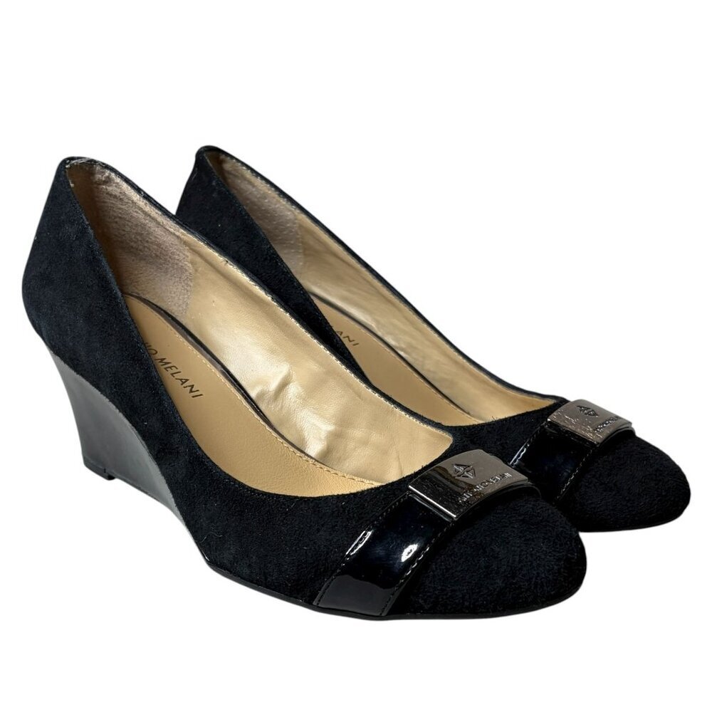 Antonio Melani Black Suede Wedge Pumps Shoes Patent Leather Trim Silver Buckle S
